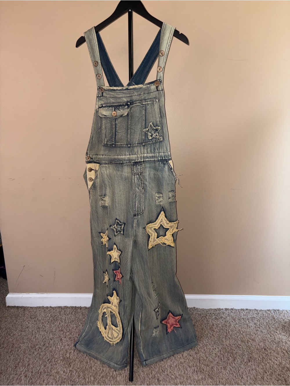 Billabong Distressed Denim Star Appliqué Overalls in Light Blue